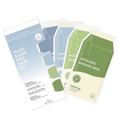 ESW Beauty Plant-Based Milk Face Masks - 8-Pack Variety Set - Hydrating, Radiance, Firming & Soothing with Avocado, Matcha, Blueberry, Vanilla & Oat Extracts for All Skin Types