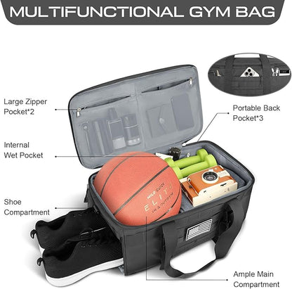 ETRONIK Gym Bags for Men Women, Tactical Duffle Bag Backpack with Shoe Compartment, 3 in 1 Carry on Travel Backpack with Wet Pocket, Weekender Overnight Range Bag for Workout Football Gym, Grey