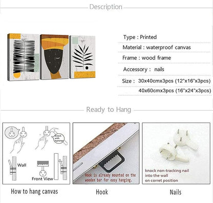 Framed Canvas Wall Art African Ethno Motive Wall Art Set, Abstract Ethno Art, African American Woman Portrait, Black Orange Print, Contemporary Collage, Minimalist (A-3pcs,12x16inchx3pcs)