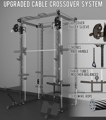 Eonfit E3 Smith Machine with 360°Rotating Arm for Home Gym Equipment, Multi-Function Power Cage Squat Rack with Cable Crossover LAT Pulldown Pulley System All in One