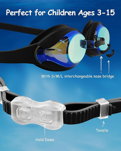 Kids Swim Goggles, Anti-fog and UV Protection with Swim Cap for Age 3-15 Youth Boys Girls Toddler