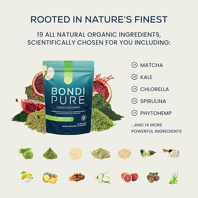 Bondi Pure - Daily Health & Detox Drink - Promote Gut Health & Energy Support During a Cleanse or Intermittent Fasting - Plant-Based Fibers, Alkalizing Super Greens - Green Apple (2-Pack)