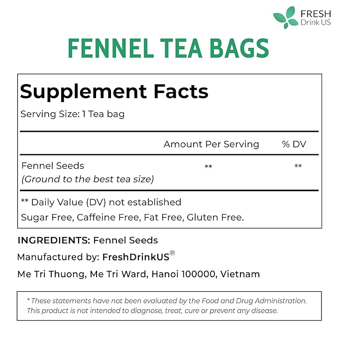 FreshDrinkUS, Premium 75 Fennel Seed Tea Bags – 100% Natural & Pure, Handmade Herbal Tea, Eco-Friendly, Fresh Aroma, Made with Natural Material Tea Bags. No Sugar, No Caffeine, No Gluten, Vegan.