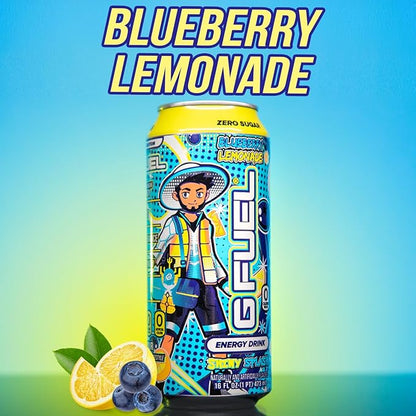 G Fuel Energy Drink, Blueberry Lemonade, Sugar Free Beverage with 140mg Caffeine, Daily Energy Boost with Focus Amino, Vitamin + Antioxidants, 16 oz Cans (aDrive, 12-Pack)