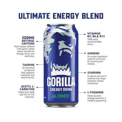 Gorilla Energy Original Energy Drink, Zero Sugar & 200mg Natural Caffeine, L-Theanine, Taurine, Ginseng, Acetyl L-Carnitine, B Vitamins, Sugar Free, and No Artificial Colors, 16 oz Cans, 12 Pack