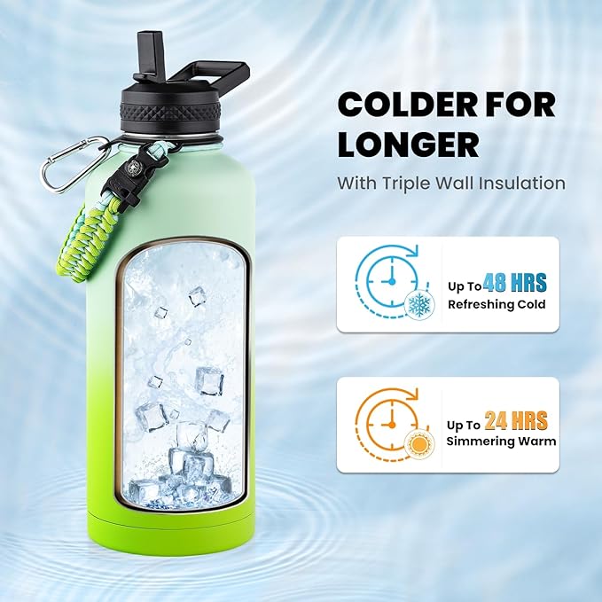 Insulated Water Bottle 87 oz, Triple Wall Vacuum Stainless Steel (Cold for 48 Hrs), Leak Proof & Non-BPA, Modern Water Flask Jug with Paracord Handle & Straw Spout Lids, Ombre Green