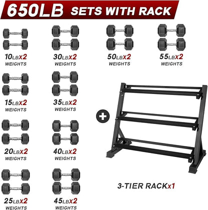 RitFit 5-650 LBS PVC Encased Hex Dumbbell Sets with Optional Rack for Home Gym, Hand weight with Chrome Handle for Strength Training, Workouts
