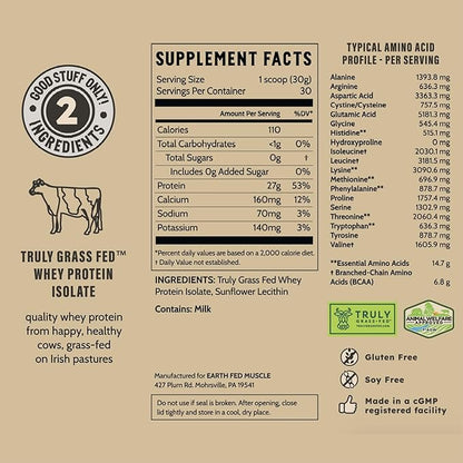 Earth Fed Muscle Truly Buff Truly Grass Fed Whey Protein Isolate - No Artificial Ingredients, Soy Free, Gluten Free, Non-GMO and Hormone Free (2 Pound, 30 Servings, Unflavored)
