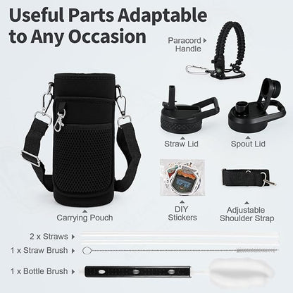32 oz Insulated Water Bottle with Straw (Cold for 48 Hrs), Stainless Steel Triple Wall Vacuum Sports Water Jug, Leakproof Hydro Cup Flask with Paracord Handle & Straw Spout Lids & DIY Stickers