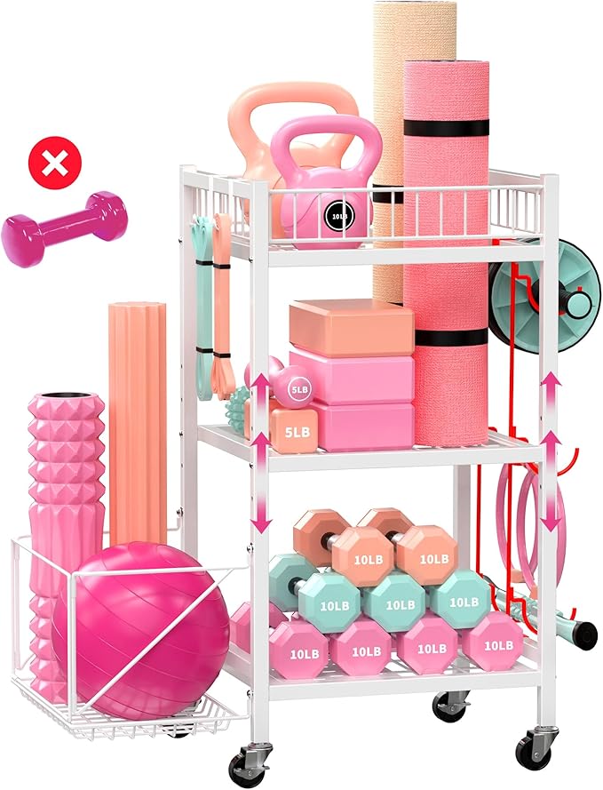 3-Tier Home Gym Storage Rack, Adjustable Yoga Mat Storage Rack, 250LBS Metal Workout Equipment Storage Cart with Large Basket & Lockable Wheels for Mats, Bands, Foam Rollers, Yoga Block