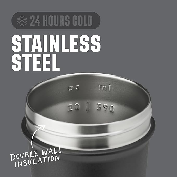 BlenderBottle Strada Sleek Shaker Cup Insulated Stainless Steel Water Bottle with Wire Whisk, 25-Ounce, Black