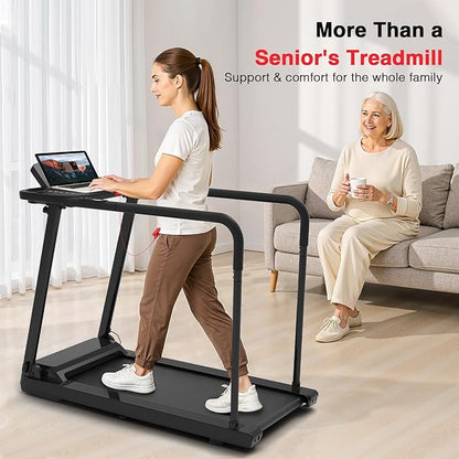 Redliro Treadmill for Seniors with Long Handrails - Recovery Machine for Walking 300 lbs Weight Capacity - Walking Treadmill Elderly with Desk & Cup Holder (Glossy Black)