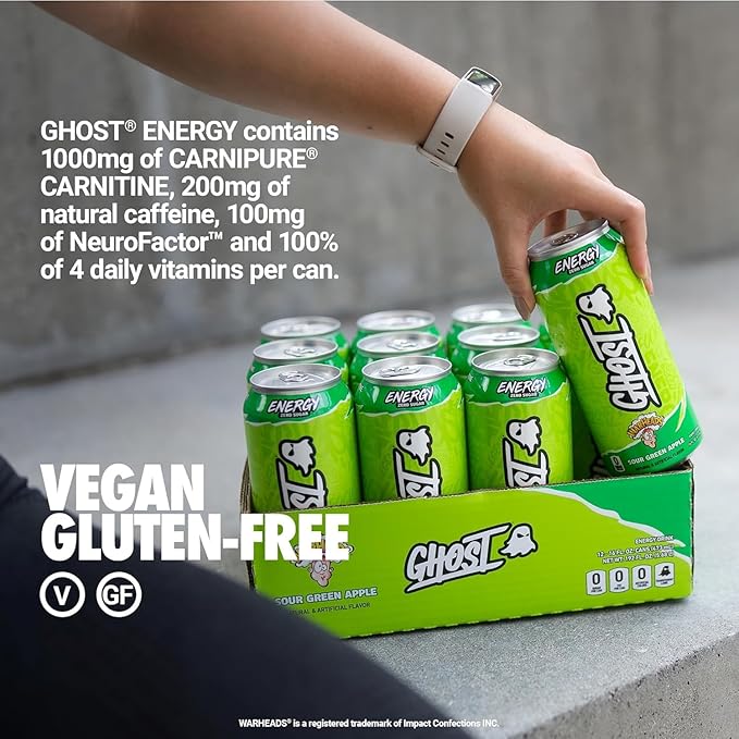 GHOST Energy Drink - 12-Pack, Warheads Sour Green Apple, 16oz - Energy & Focus & No Artificial Colors - 200mg of Natural Caffeine, L-Carnitine & Taurine - Gluten-Free & Vegan
