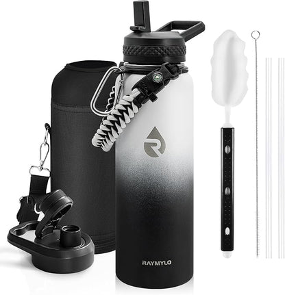 Insulated Water Bottle 40 oz, Triple Wall Vacuum Stainless Steel (Cold for 48 Hrs), Leak Proof & Non-BPA, Modern Water Flask Jug with Paracord Handle & Straw Spout Lids, Ombre: White/Black