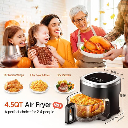 4.5QT Air Fry,Glass Air Fryer,6-IN-1 Air Fryer with Viewing Glass Pot,Roast, Reheat, Dehydrate, Air Crisp Technology,Nonstick & Dishwasher Safe Basket,97% Less Oil,Features Digital Timer