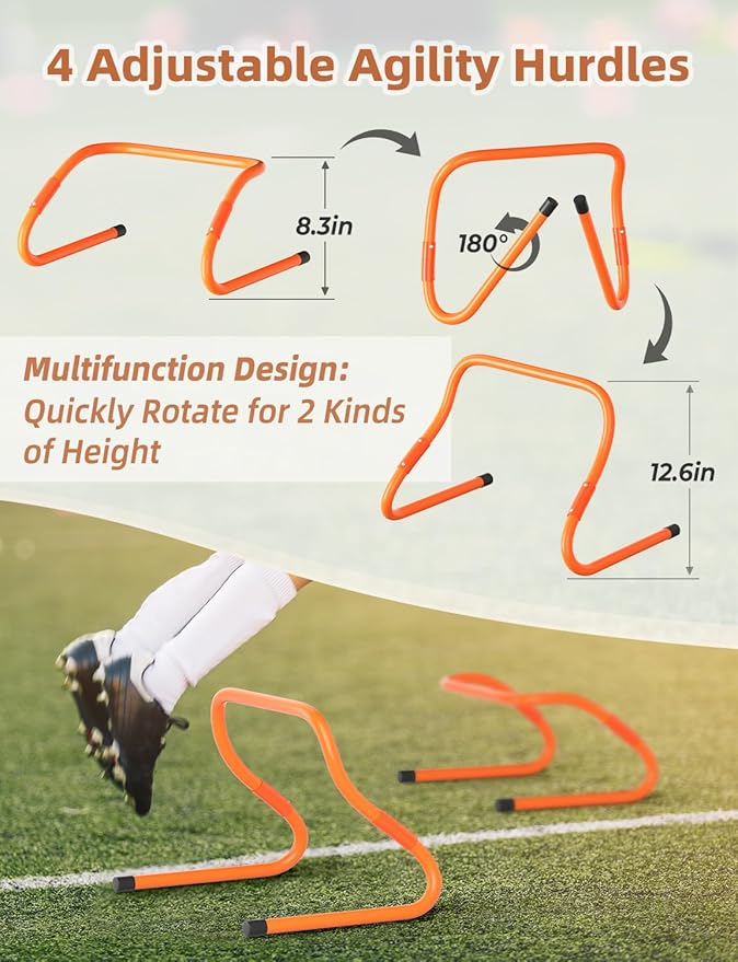 GHB Agility Ladder,Football Training Equipment Set,4 Agility Hurdles, 20 feet12 Rungs Speed Ladder,12 Disc Cones,Resistance Parachute, Jump Rope, 5 Resistance Bands