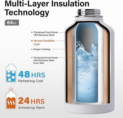 Insulated Water Bottle | Thickened Stainless Steel Vacuum Metal | Portable Sports Half Gallon Large Water Jug for Gym and Hiking with Straw, Carrier Bag, Handle Strap | BPA-Free 64 oz