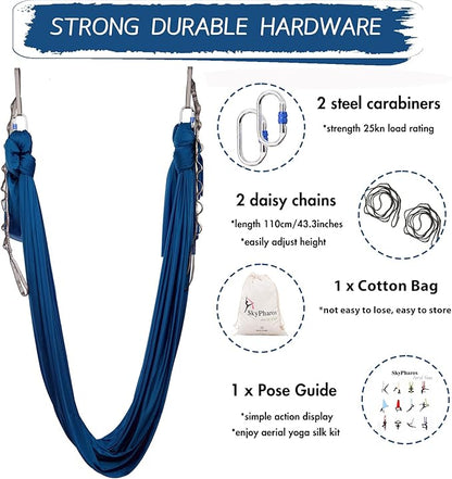 5.5 Yards Aerial Silks Yoga Swing Set - Aerial Yoga Hammock Kit Anti-Gravity Flying for Fitness, Low/Non Stretch Nylon Tricot Fabric Hardware Included for Dance
