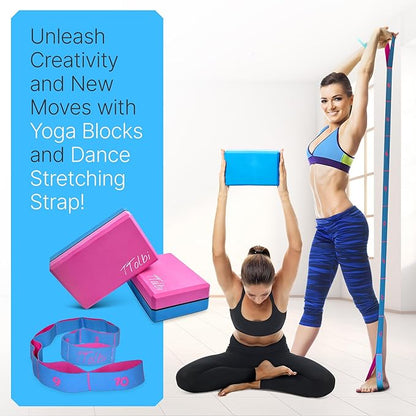 Yoga Blocks 2 Pack Set with Dance Stretch Band & Guide: Non-Slip EVA Foam Block - Ideal Stretching Equipment for Home Workouts, Pilates, Dance, Ballet, Gymnastics, Exercise - Stretch Strap Stuff Props