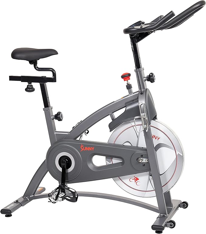Sunny Health & Fitness Indoor Cycling Exercise Bike w/Pulse Sensors & 4-Way Adjustable Seat, Stationary Home Cardio Training Machine w/Micro-Adjustable Magnetic Resistance for Intensive Cardio Session
