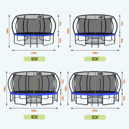 10 12 14 15 16FT Outdoor Trampolines for Kids and Adults, Pumpkin Trampoline with Curved Poles, Recreational Trampoline with Basketball Hoop and Safety Enclosure Net for Kids and Adults