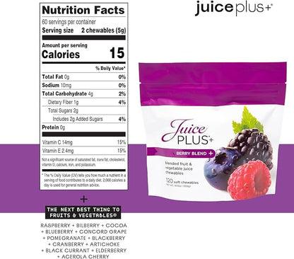 Juice Plus+ Fruit, Vegetable & Berry Blend Soft Chews (Chewables) - 30 Plant-Based Ingredients! Vegan Gummies for Kids & Adults - Gluten-Free, Non-GMO - Prepacked 3 Pouches - 30 Adult Servings Each