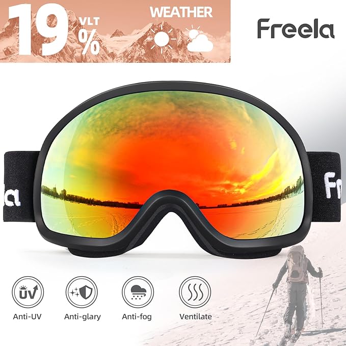 Freela Ski Goggles OTG Men Women, Over Glasses Snow Snowboard Sports Goggles for Adult Youth 100% UV400 Protection Anti Fog