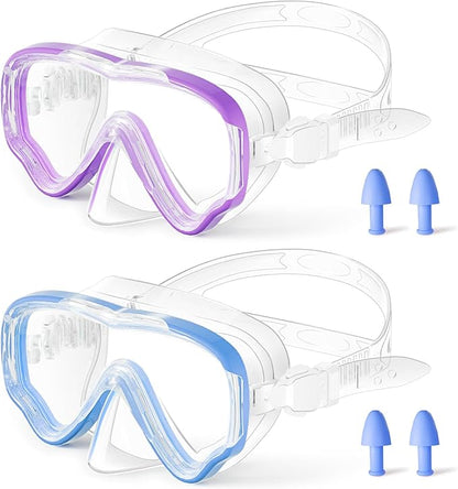 Kids Swim Goggles with Nose Cover, Snorkel Diving Mask Anti-Fog Anti-UV, Snorkeling Gear Swimming Goggles for Kids 3-14 2PCS