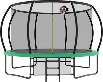 10 12 14 15 16FT Outdoor Trampolines for Kids and Adults, Pumpkin Trampoline with Curved Poles, Recreational Trampoline with Basketball Hoop and Safety Enclosure Net for Kids and Adults