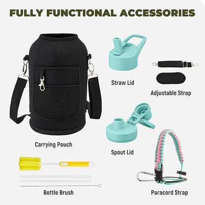 Half Gallon Insulated Water Bottle, 64 oz Triple Wall Stainless Steel Flask, Keeps Drinks Cold for 48 Hrs Leak-Proof & BPA-Free Half Gallon Jug with Paracord Handle, Straw & Spout Lids(Bubble Gum)