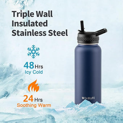 32 oz Insulated Water Bottle with Straw (Cold for 48 Hrs), Stainless Steel Triple Wall Vacuum Sports Water Jug, Leakproof Hydro Cup Flask with Paracord Handle & Straw Spout Lids & DIY Stickers