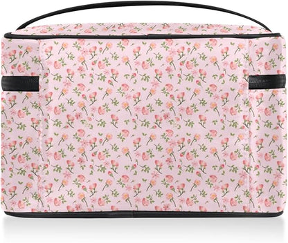 Large Makeup Bag Travel Cosmetic Bags for Women Pink Vintage Bohemian Spring Flower Floral Makeup Organizer Case Toiletry Bag for Girls Traveling Wide Open Portable Pouch with Handle