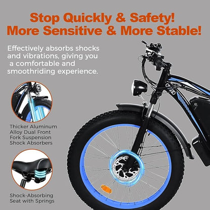 Electric Bike for Adults,39MPH/36MPH-100 Miles/90 Miles（3000W/2000W） Electric Bicycle with 52V/48V/23Ah Battery, 26''Fat Tire Fast E-Bike