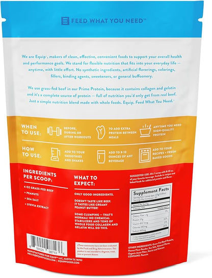 Equip Foods Prime Protein Powder | Clean, Grass Fed Beef Protein Powder for Women & Men | Carnivore Protein Isolate | Paleo, Keto Friendly | Gluten & Dairy Free | 30 Servings, Peanut Butter