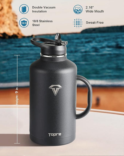 Half Gallon Water Bottle with Straw and Lid, 64 oz Insulated Stainless Steel Jug with Handle,Reusable Metal Travel Flask Mug Cup With Carry Pouch and Brush,Keep Cold & Hot,Black