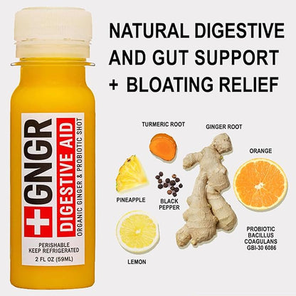 '+GNGR Digestive Aid Organic Ginger Shots with Probiotics, Gut Health, Colon Cleanse, Bloating Relief, Gut Detox, Immunity Shots with Ginger Juice, Turmeric, Black Pepper. (2 Oz, Pack of 12)