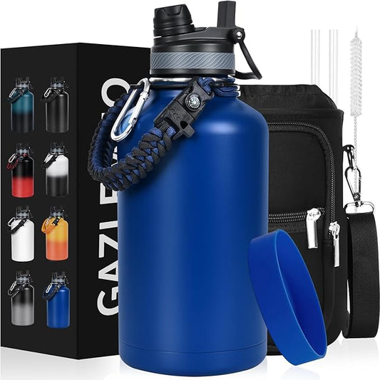 Insulated Water Bottle 64 oz, Half Gallon Water Jug Cold 48H, BPA Free Stainless Steel Bottles with Straw/Chug 2-in-1 Lid, Bag, Paracord Handle, Silicone Boot, Sports Gym School Metal Flask