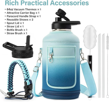 Insulated Water Bottle | Thickened Stainless Steel Vacuum Metal | Portable Sports Half Gallon Large Water Jug for Gym and Hiking with Straw, Carrier Bag, Handle Strap | BPA-Free 64 oz