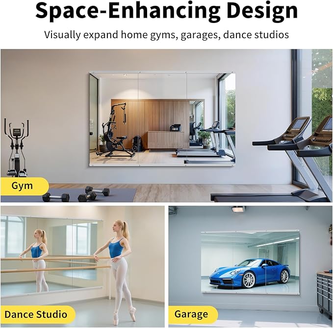 Home Gym Mirror - 55x28 Inch, 3PCS Frameless Tempered Glass Full Body Mirror for Wall Mount - Ideal for Yoga, Workout, Bedroom, Dance Studio (Silver)