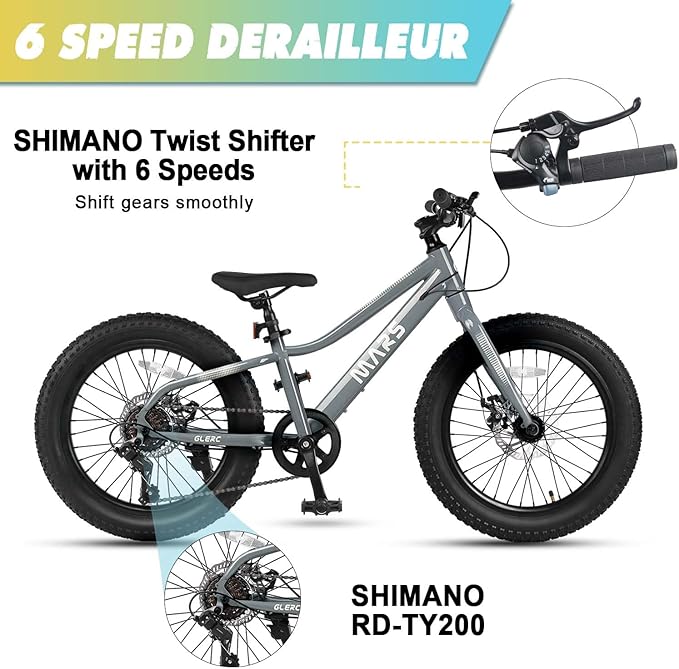 Glerc Mars Kids Mountain Bike, 20 24 Inch Fat Tire Bike for Teen Ages 6-14 Year Old, Bicycle with 2.8-Inch Wide Tires and 6 Speed Drivetrain, Multiple Colors
