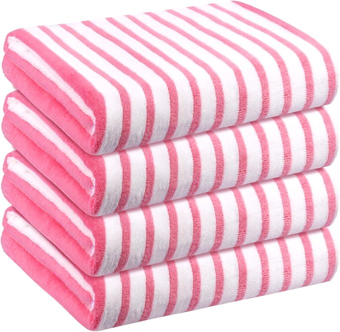 JML Microfiber Beach Towels, Bath Towel Set (4 Pack, 27" x 55") - Extra Large, Soft, Absorbent, Fast Drying, Multipurpose for Hair, Bathroom, Swimming, Fitness, Sport, Yoga -Stripe Pink