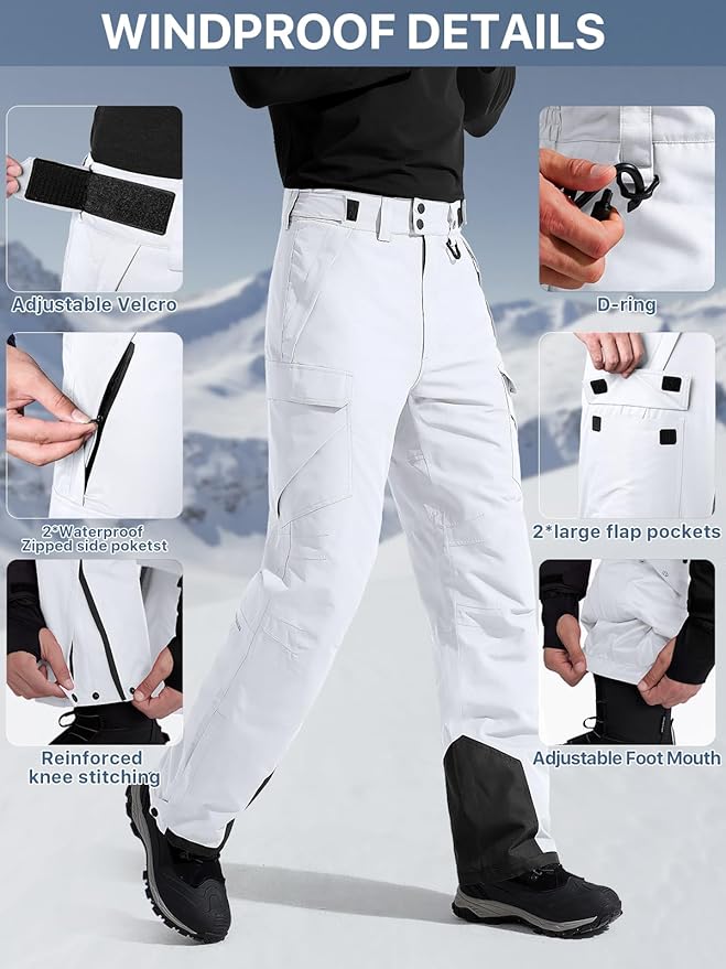 FREE SOLDIER Men's Waterproof Snow Insulated Pants Winter Skiing Snowboarding Pants with Zipper Pockets