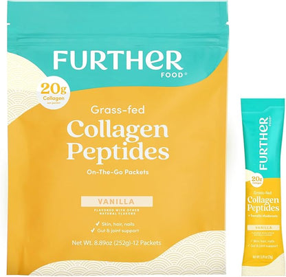Further Food Vanilla Collagen Peptides Powder Stick Packs, Grass-Fed Pasture-Raised Hydrolyzed Type 1 & 3 Protein, Gut Health + Joint, Hair, Skin, Nails, Paleo Keto Sugar-Free 8.89 oz