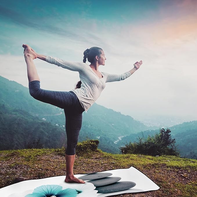 QiyI Yoga Towel with Travel Bag, Microfiber Mat-Sized Hot Yoga Towels, Non Slip Blanket with Corner Pockets, Quick Dry Mat Towel for Bikram, Pilates, Fitness - 70"x26", Pebbles & Blue White Flowers