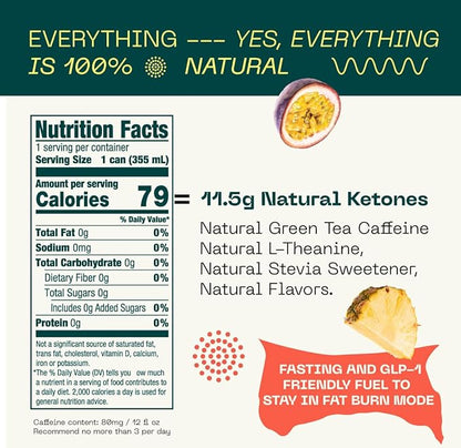 KEY Ketone Energy Drink : Sugar Free, 80mg Low Caffeine, All Natural, 11.5g Ketones, Long Lasting Energy, Green Tea & L-Theanine for Mental Focus, Pineapple Passionfruit (Pack of 12)