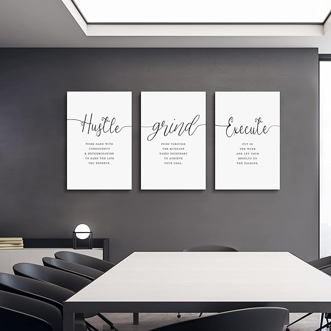EPHANY Inspirational Wall Art - Large Office Wall Decor Painting, Hustle Grind Execute Quotes, office wall art,working room wall decor, gift for boss (H-3pcs,24x36inchx3pcs)