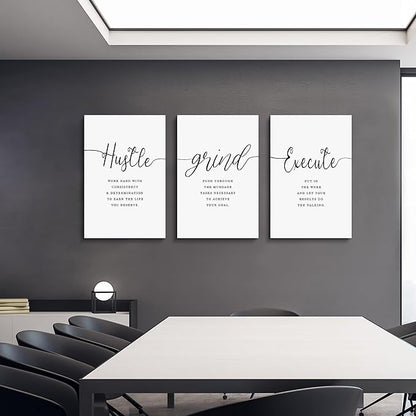 EPHANY Inspirational Wall Art - Large Office Wall Decor Painting, Hustle Grind Execute Quotes, office wall art,working room wall decor, gift for boss (H-3pcs,24x36inchx3pcs)