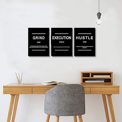 Framed Canvas Wall Art Success Quote, Office Wall Art, Black Large Poster, Positive Motivational Set of 3 Prints, Execute Failure Definition, Inspirational Print (B-3pcs,12x16inchx3pcs)