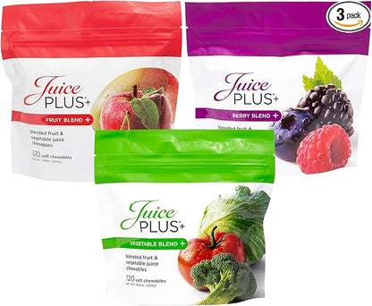 Juice Plus+ Fruit, Vegetable & Berry Blend Soft Chews (Chewables) - 30 Plant-Based Ingredients! Vegan Gummies for Kids & Adults - Gluten-Free, Non-GMO - Prepacked 3 Pouches - 30 Adult Servings Each