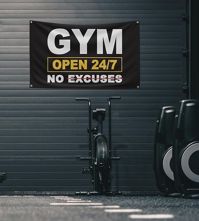 GYM OPEN 24/7 INDOOR NO EXCUSES Motivational Gym Banner, 3x5 Ft Single-sided Printing Inspirational Wall Decor Flag, Perfect Motivational Wall Decor, Keep Motivated and Passion with Gym Flag